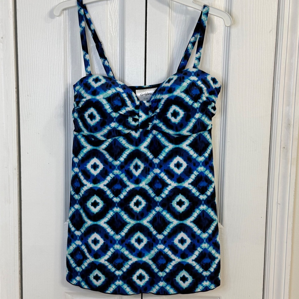 Surf Gear Tankini Top Swimsuit Blue Diamond Print‎ Swimwear Beach Cover Up L
